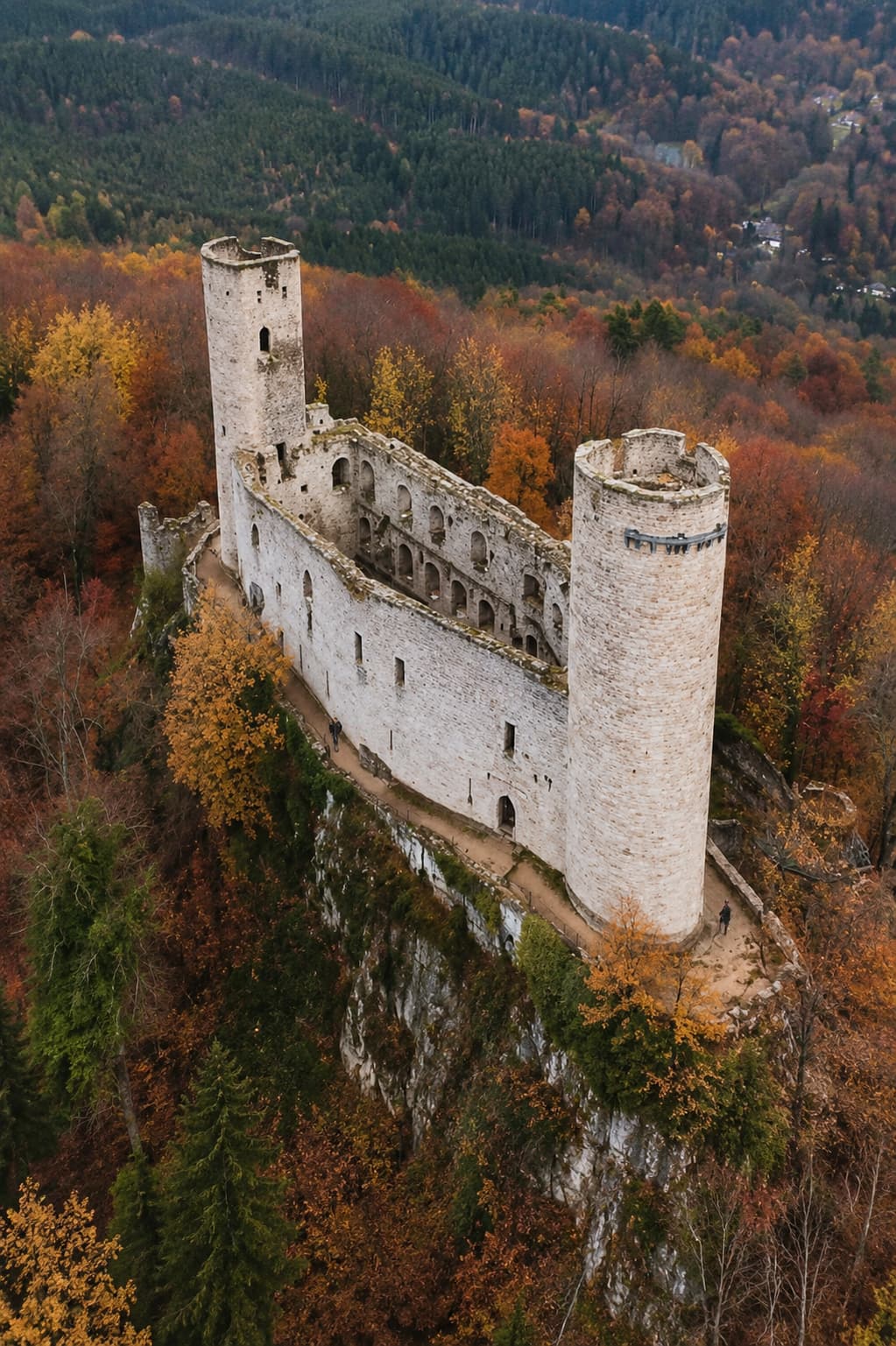 Aerial view of a ruined castle above the autumn forest near Andlau, Alsace