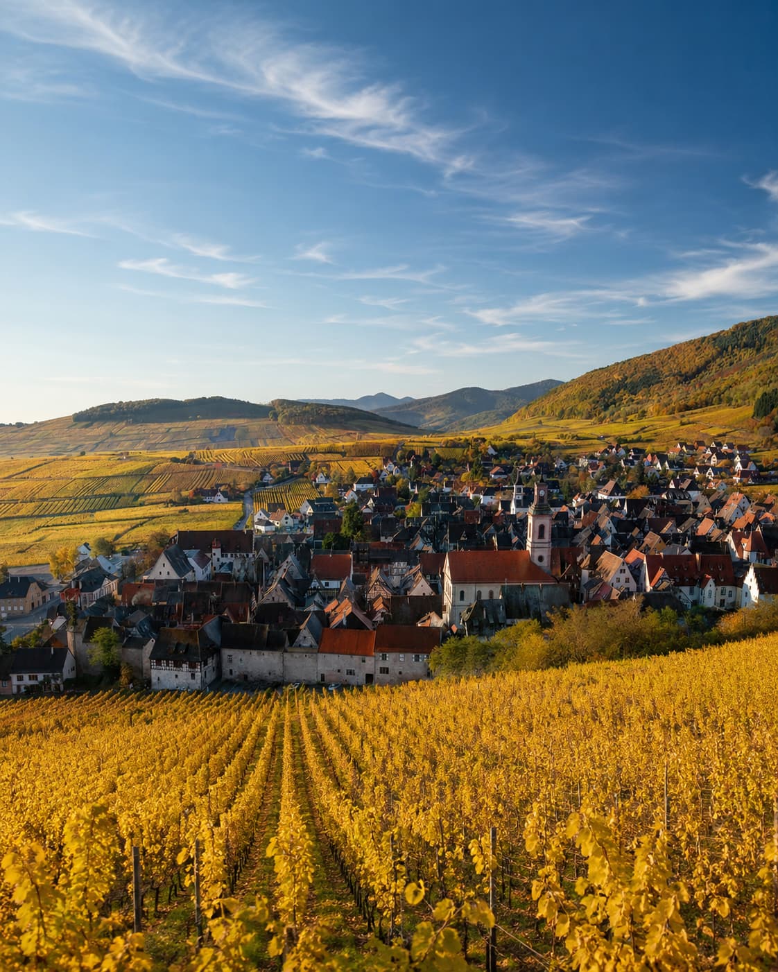 Golden vineyards in Alsace in autumn surrounding a wine route village