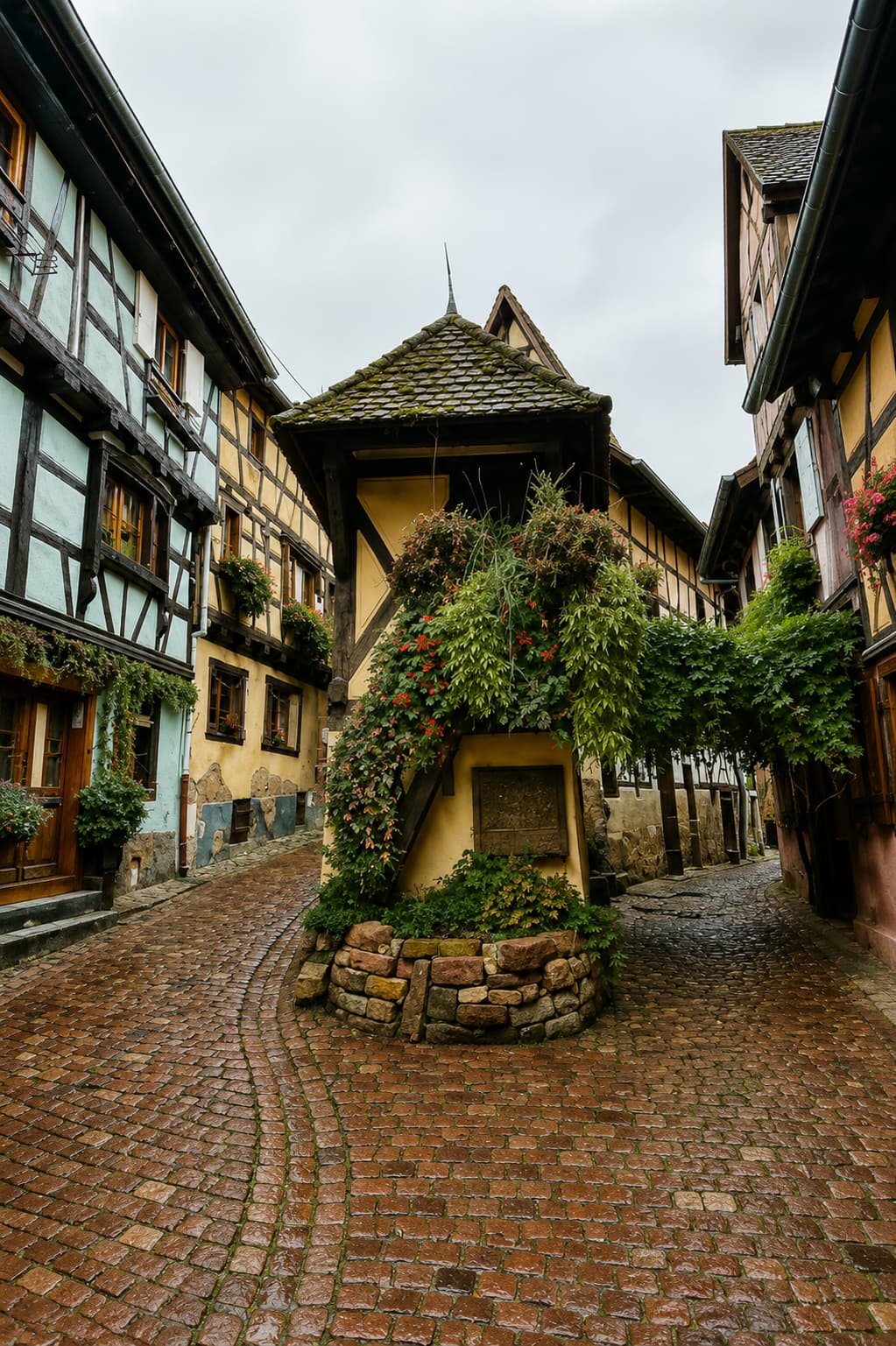 Flower-covered fountain on a cobblestone lane in Eguisheim, Alsace