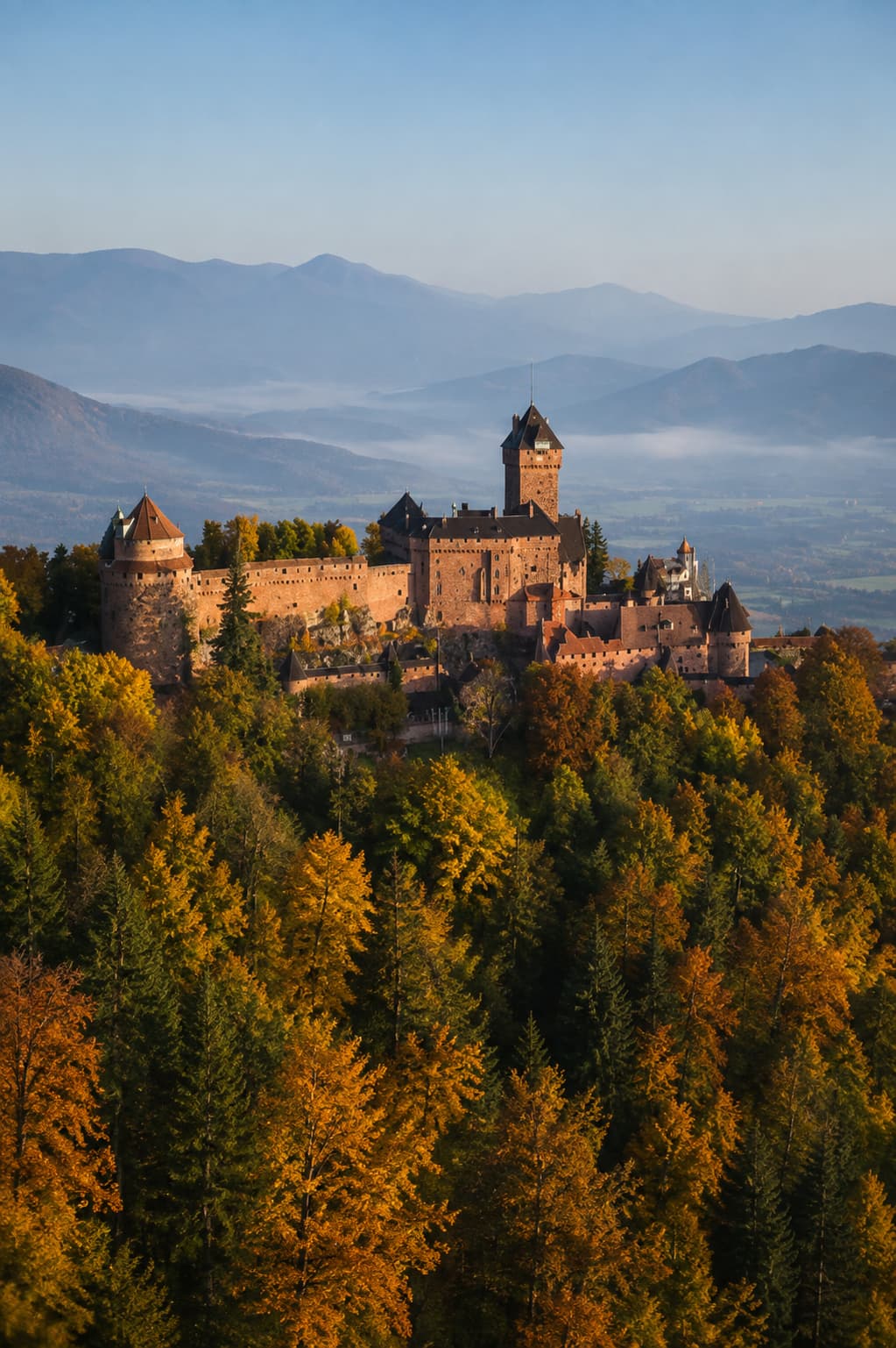 Haut-Koenigsbourg Castle above the autumn forest in Alsace in autumn