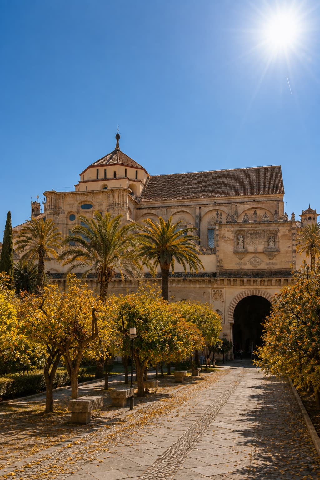 Córdoba Mezquita exterior in Andalusia in autumn — orange and yellow trees in the courtyard, palm trees, warm October sun flare