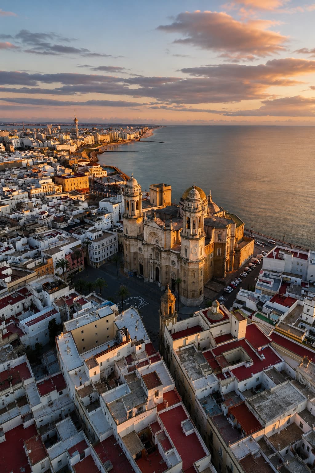 Cádiz cathedral and Atlantic coastline aerial view at sunset — Andalusia in autumn from above