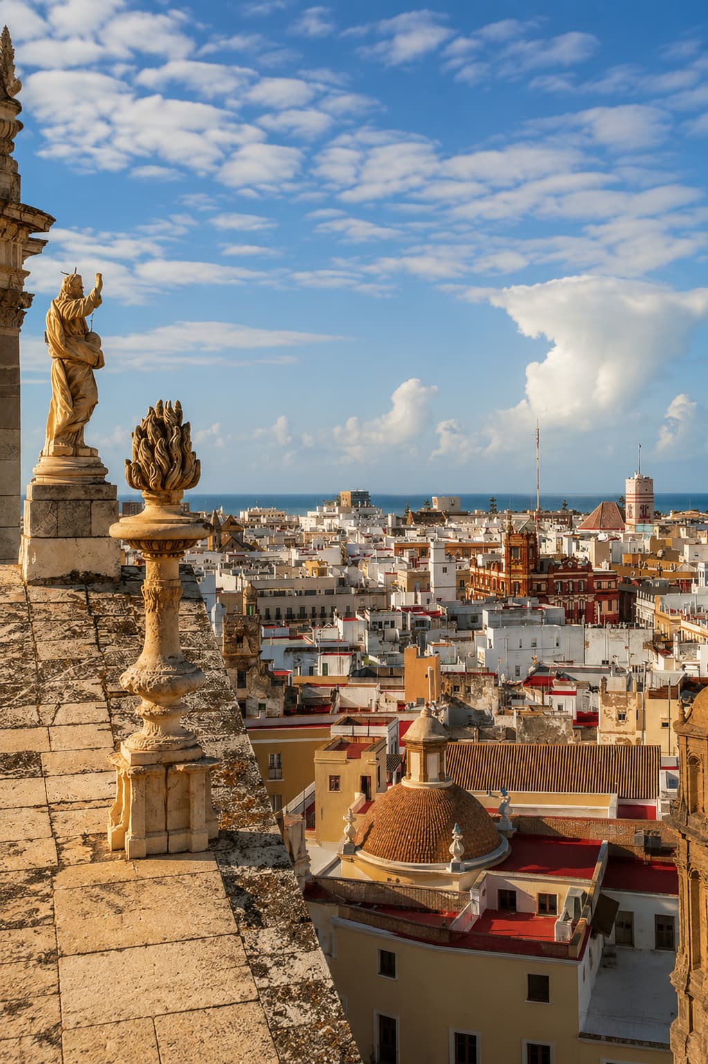 View from Cádiz cathedral rooftop over terracotta old town rooftops toward the Atlantic sea, Andalusia Spain
