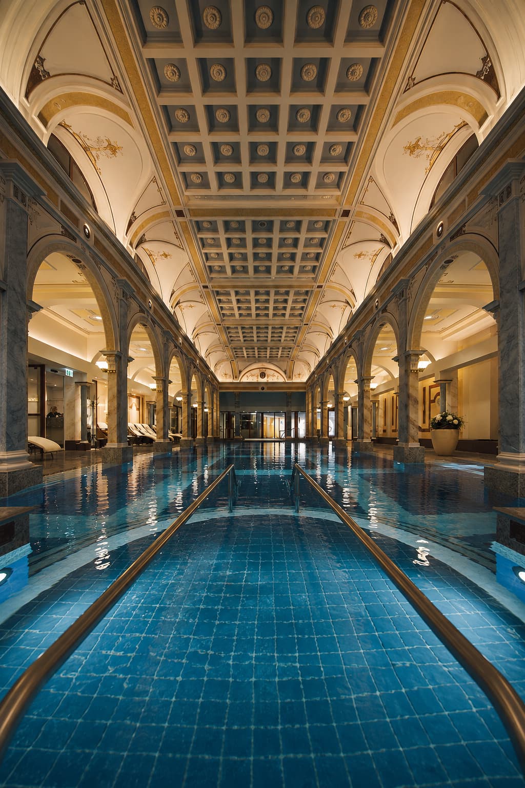 Grand indoor thermal pool at one of the best spa towns in Europe, with vaulted marble arches, gilded ceiling coffers, and blue-tiled lap pool stretching the full length of the hall