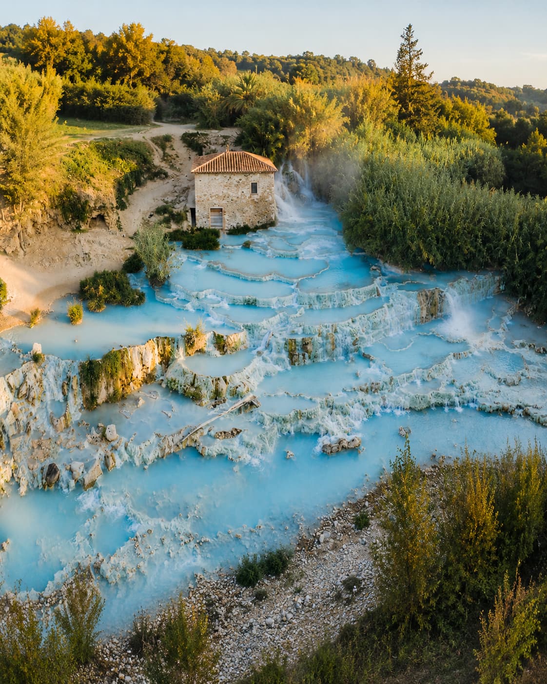 Aerial view of the Cascate del Gorello natural thermal waterfall at Terme di Saturnia, Tuscany — vivid turquoise water cascading over white travertine terraces into free-access thermal pools, one of the most dramatic spa towns in Europe