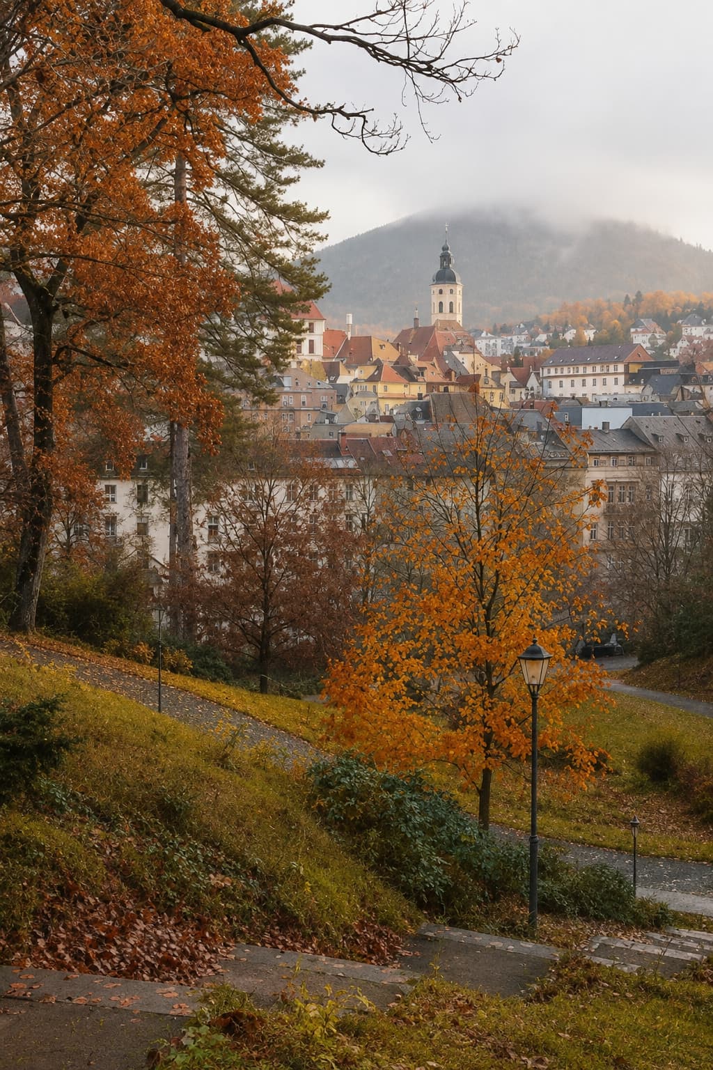 Baden-Baden in autumn viewed from the hills — orange leaves frame the spa town rooftops and misty forested hillside beyond