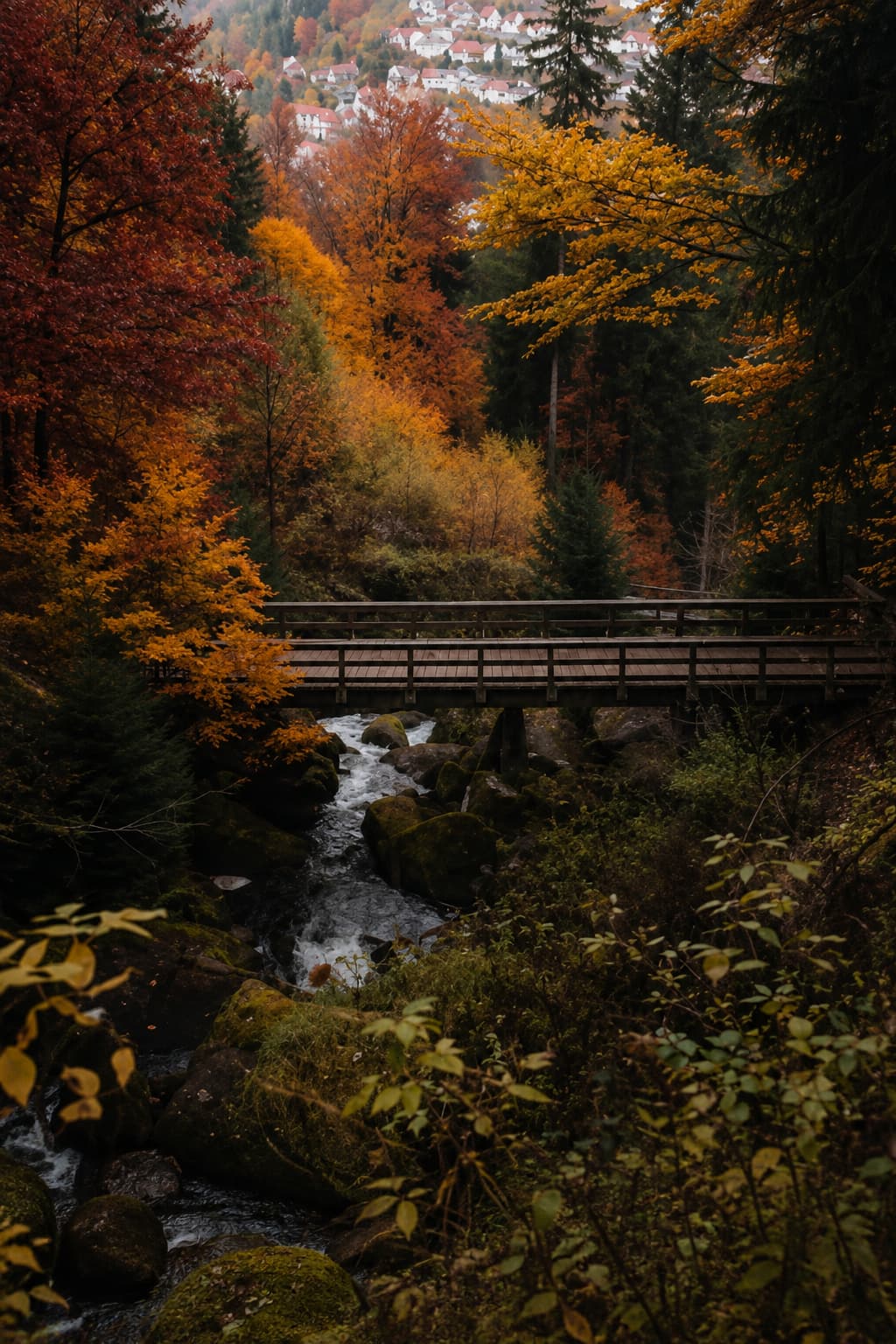 Forest stream and wooden bridge in autumn — dark canopy of orange and red above rushing water, village rooftops visible on the slope above