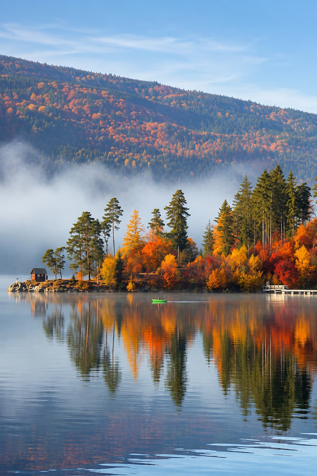 Black Forest lake in autumn — still water reflecting amber and red trees on a forested hillside, morning mist above the surface