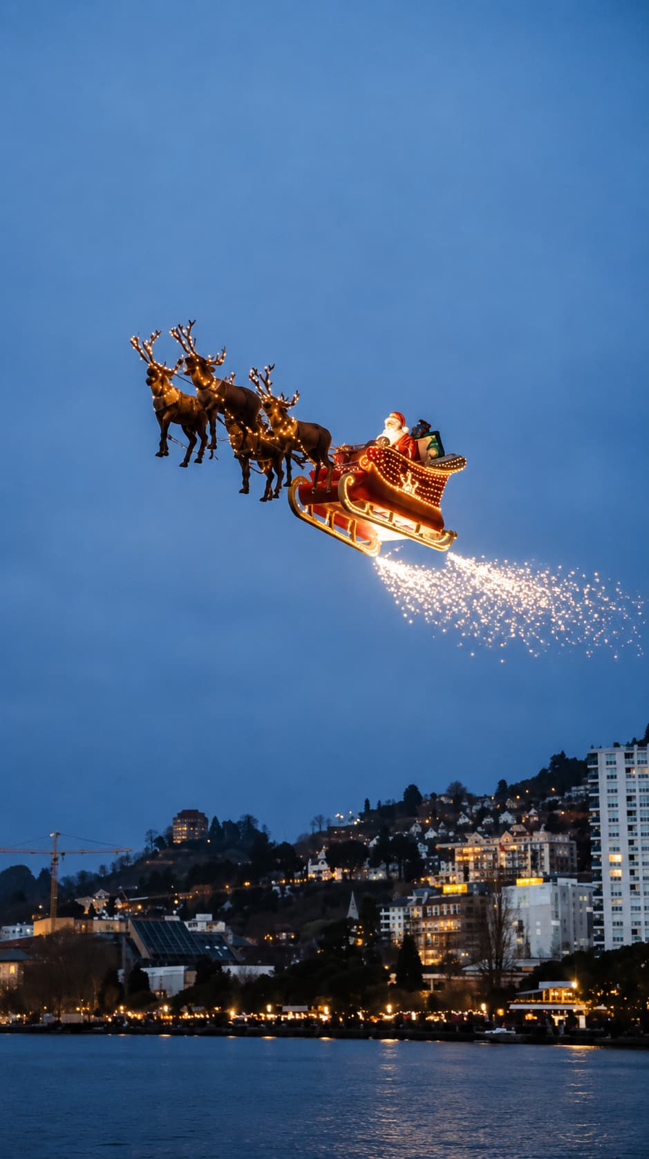 The Flying Santa sleigh and reindeer soaring above Lake Geneva during the Montreux Christmas market at dusk, with the illuminated lakeside town below