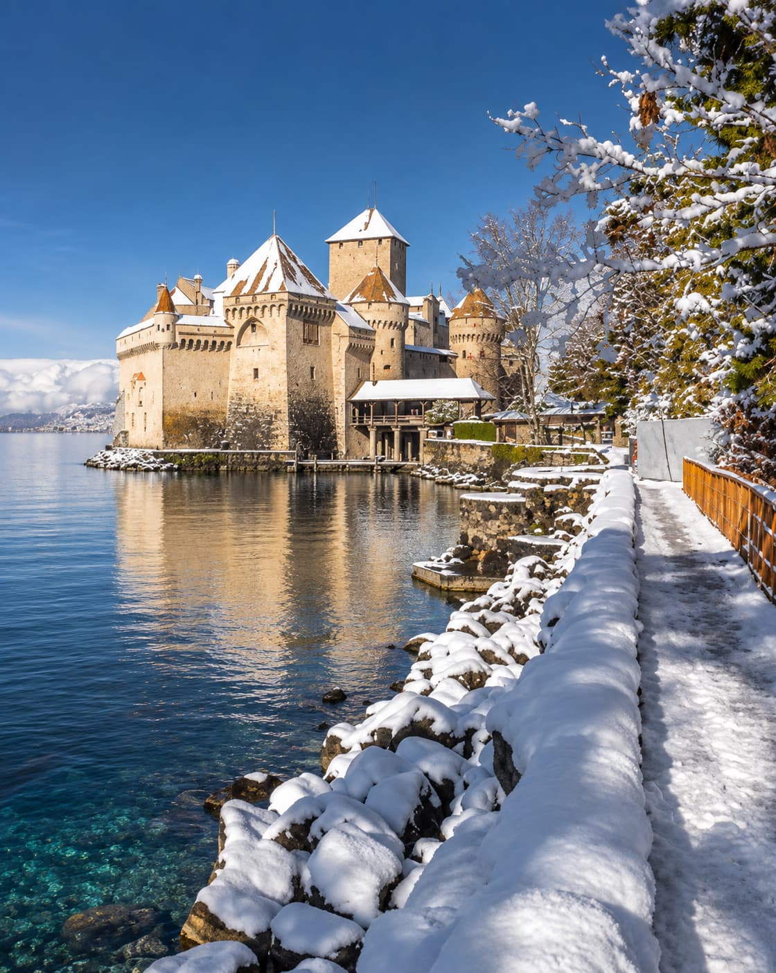 Château de Chillon rising from Lake Geneva in winter, the medieval castle towers reflected in still blue water with the snow-dusted Alps behind — the ideal half-day addition to a Montreux Christmas market visit
