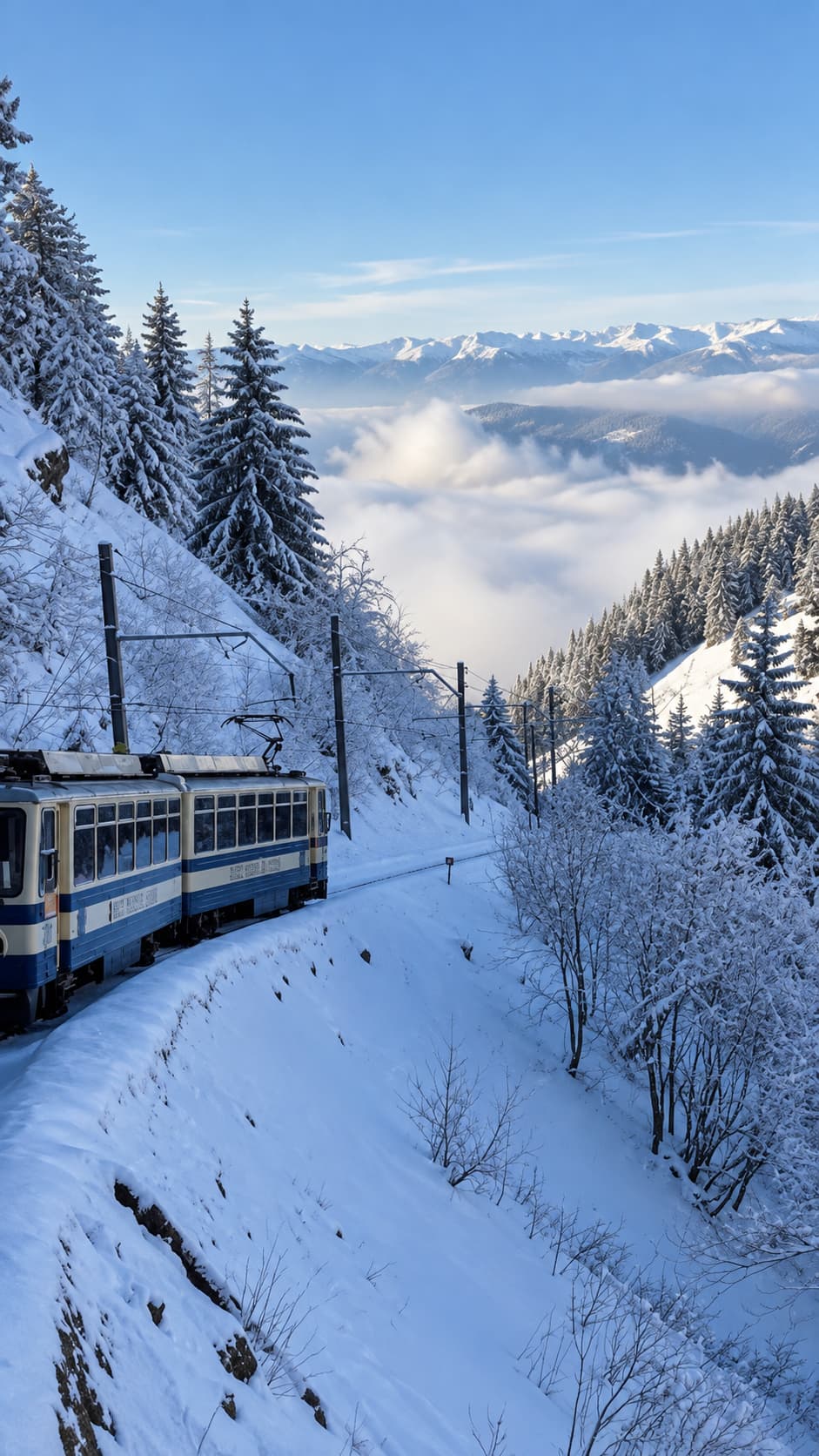 The MOB GoldenPass cogwheel train climbing through snow-covered Alpine forest above a sea of cloud near Rochers-de-Naye, with the Swiss Alps stretching to the horizon