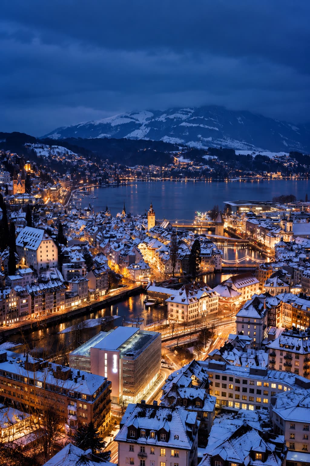 Swiss lakeside city illuminated at night under a deep blue winter sky, snow on every rooftop and amber lights reflected in the lake — the atmosphere a Montreux Christmas market day leaves behind