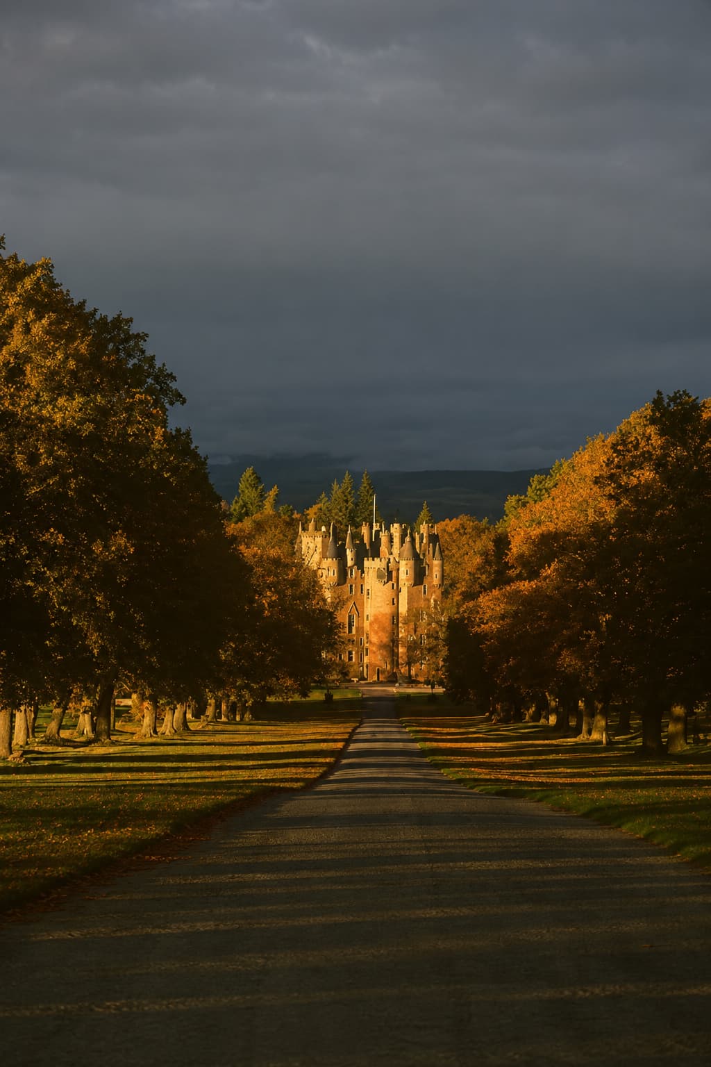 Glamis Castle driveway lined with golden autumn trees under a stormy sky in Scotland