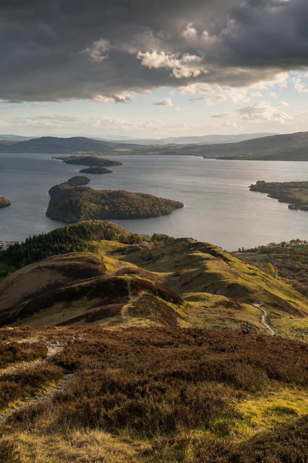View over Loch Lomond and its wooded islands from a Trossachs hillside, heather moorland in the foreground under dramatic clouds