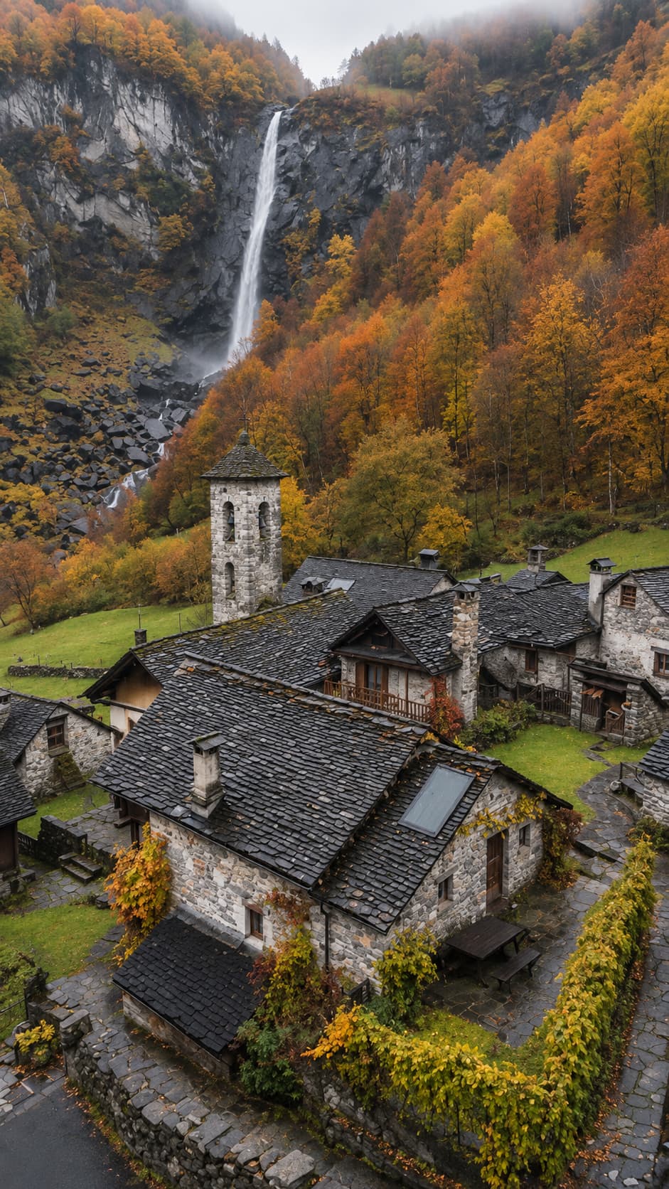 Stone village in Ticino, Switzerland, with a waterfall cascading down an autumn-coloured cliff face and a medieval church tower rising above grey-slate rooftops