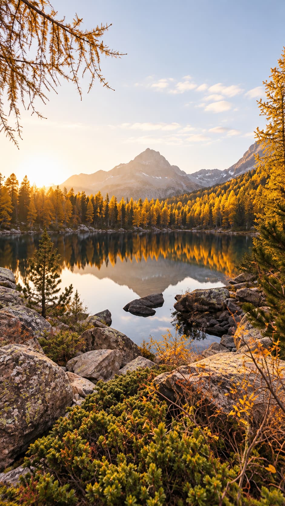 Alpine lake in Graubünden, Switzerland, perfectly reflecting golden larch trees and a snow-capped peak in sunrise light, surrounded by rocks and low shrubs in autumn colour