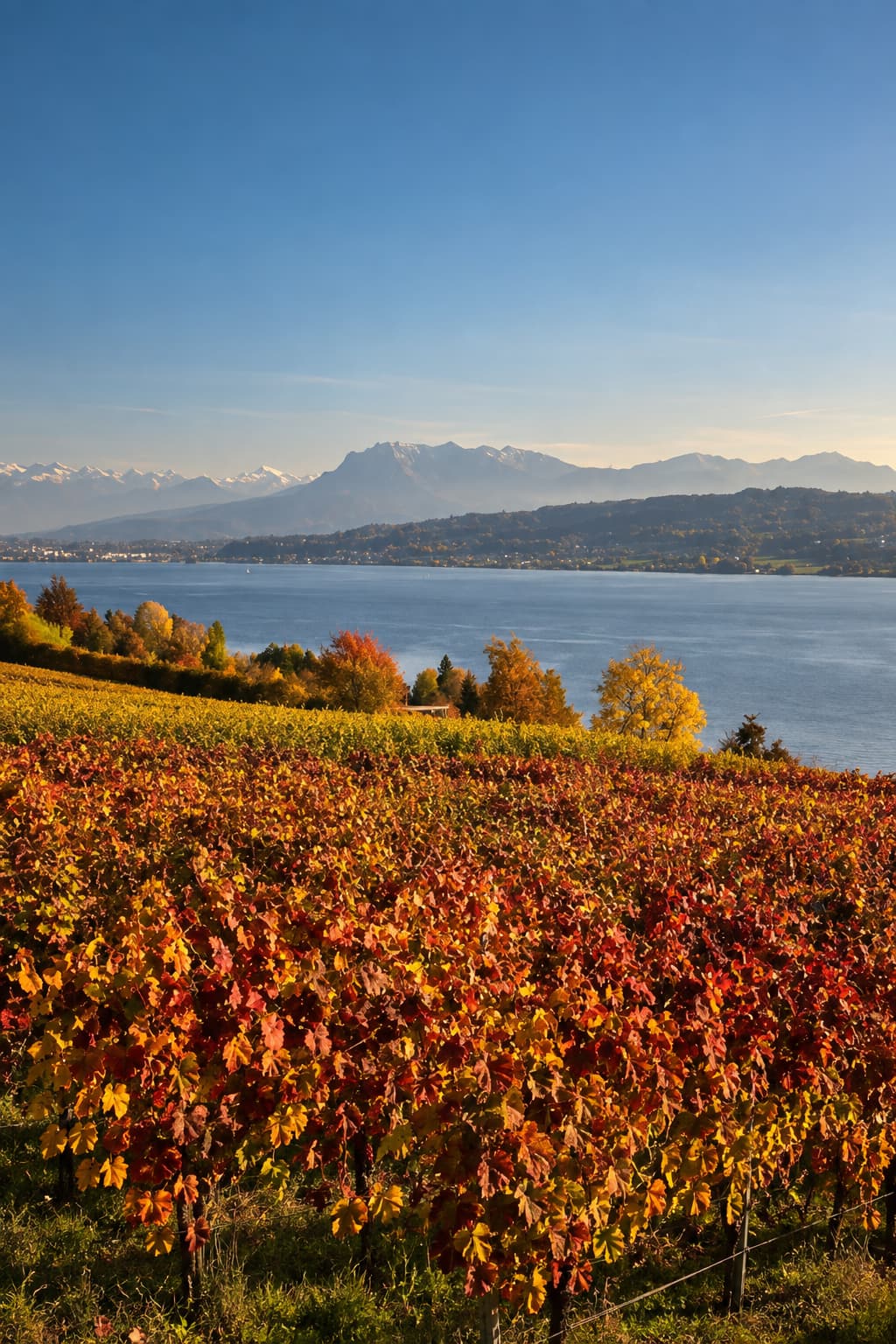 Lavaux vineyard terraces above Lake Geneva in Switzerland in peak autumn colour — rows of crimson and gold vines in the foreground, the wide grey-blue lake below, and snow-capped Alps visible across the water under a clear blue sky