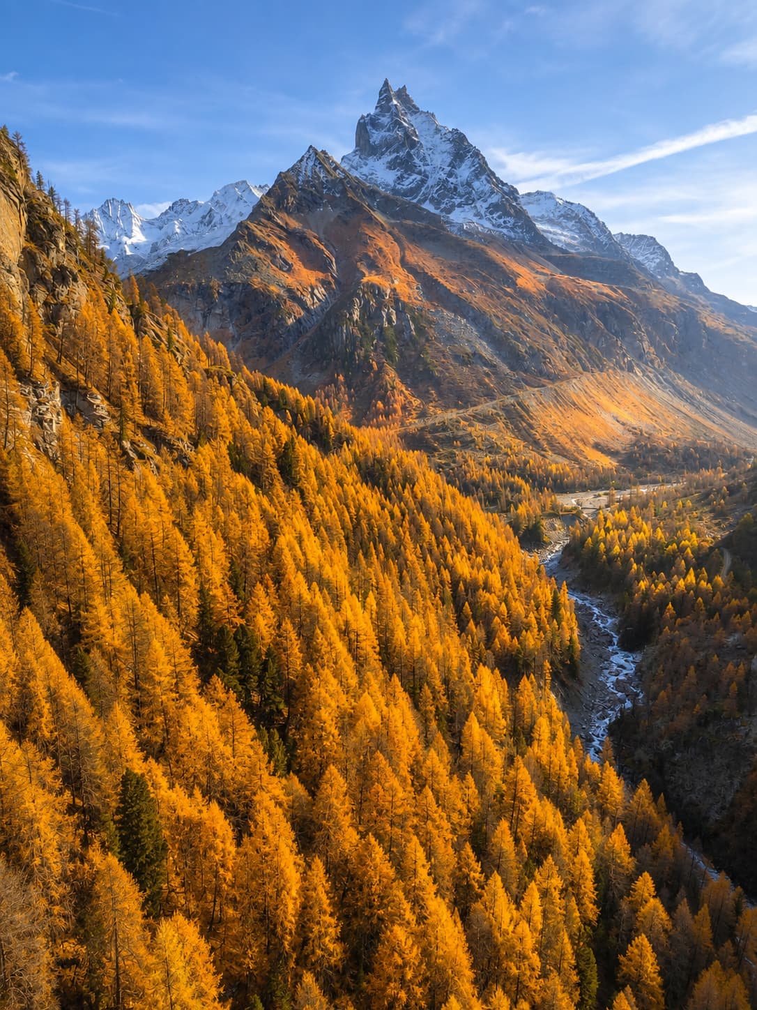 Dramatic alpine valley in Valais, Switzerland, filled with vivid orange larch trees in peak autumn colour, a glacial river running through the gorge below, and a jagged snow-capped peak rising against a blue sky