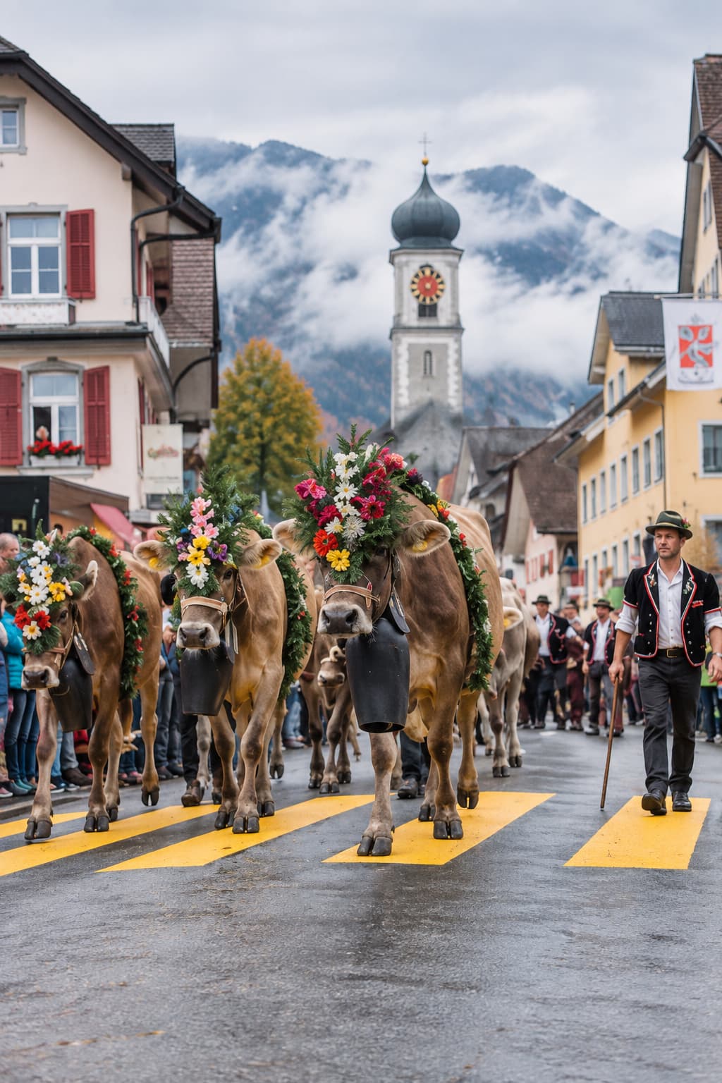 Alpabfahrt cattle descent in a Swiss mountain town — decorated brown cows with flower garlands and large cowbells crossing a pedestrian crossing, led by a farmer in traditional dress with a church steeple and mountain backdrop