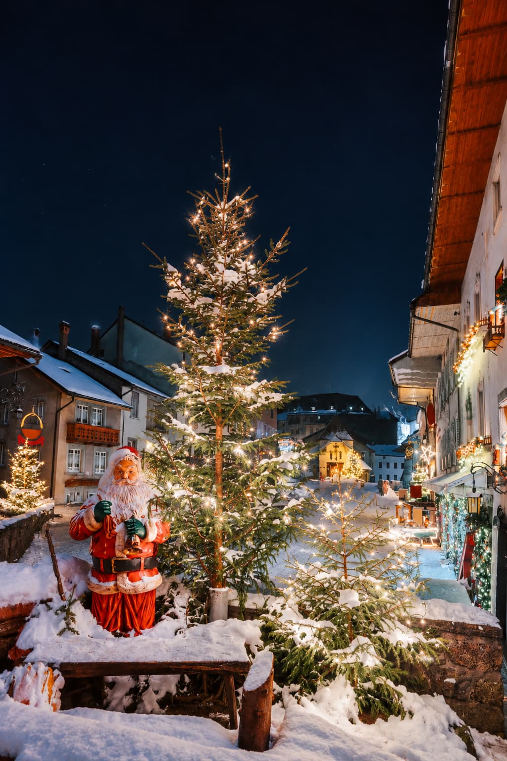 Snow-covered cobblestone square of a small Swiss mountain village at night — a lit Christmas tree stands beside a Santa Claus figure, timber-framed buildings are decorated with lights, and a castle silhouette is visible in the background