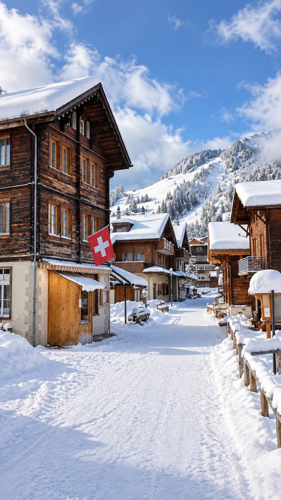 Snow-covered street in a traditional Swiss alpine village, wooden chalets with deep snow on the roofs, a Swiss flag hanging from one building, mountains behind