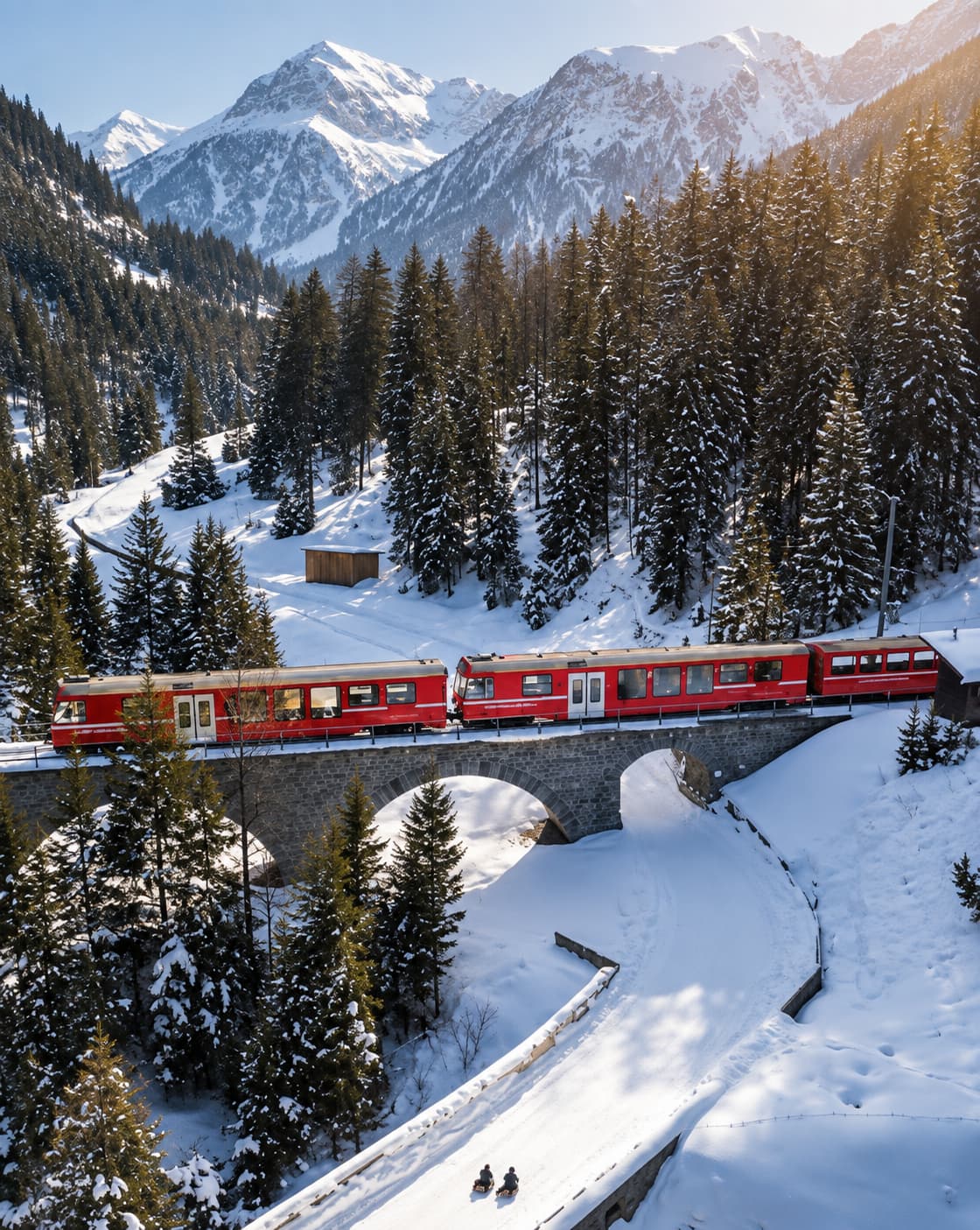 Red Swiss mountain train crossing a stone viaduct in Graubünden valley, two tobogganers visible on the snow below the bridge