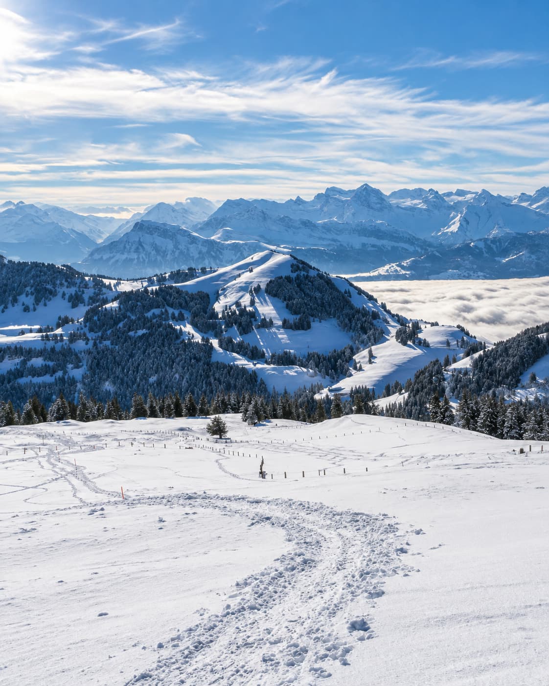Snowshoe footprints crossing an open Alpine snowfield above a cloud sea — snowshoeing is one of the best activities for switzerland in winter without skiing, jagged peaks stretching to the horizon