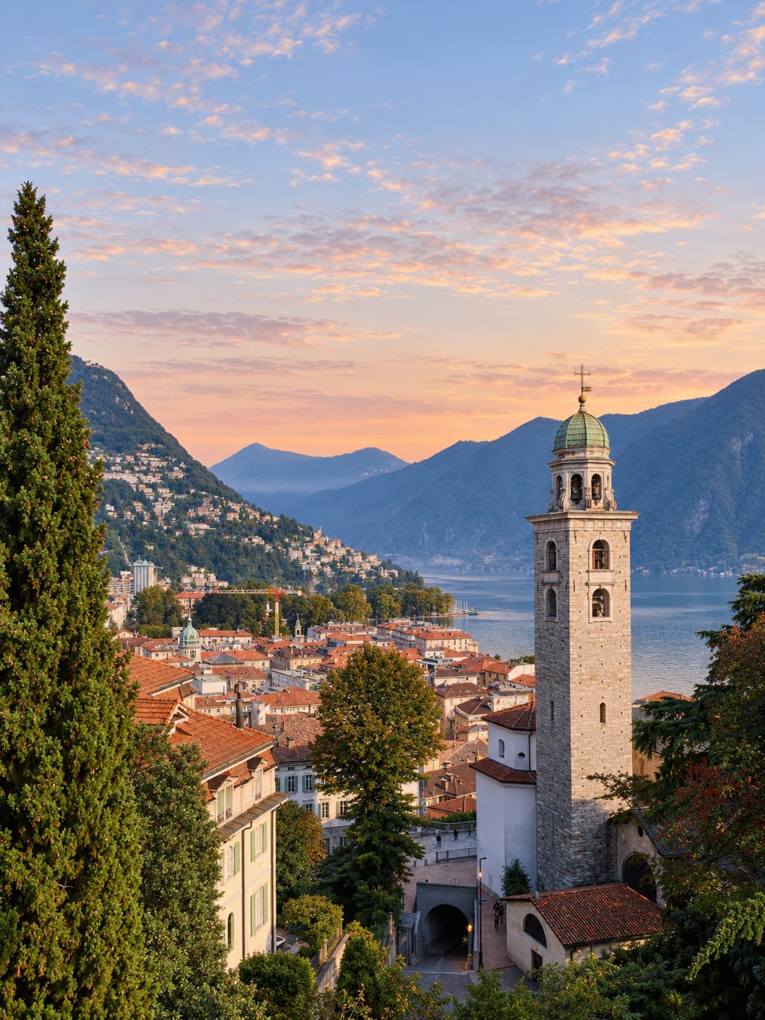 Lugano at sunrise — aerial view of the city and lake, Ticino in autumn
