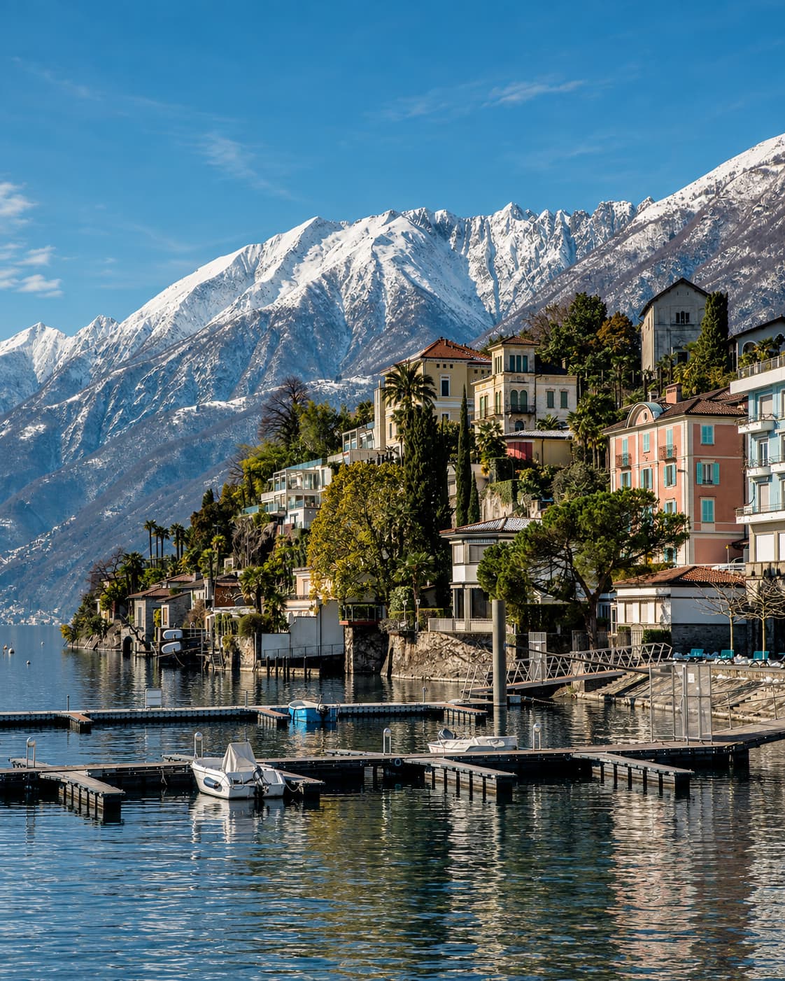 Lakeside villas on Lake Maggiore with snow-capped Alps behind, Ticino in autumn