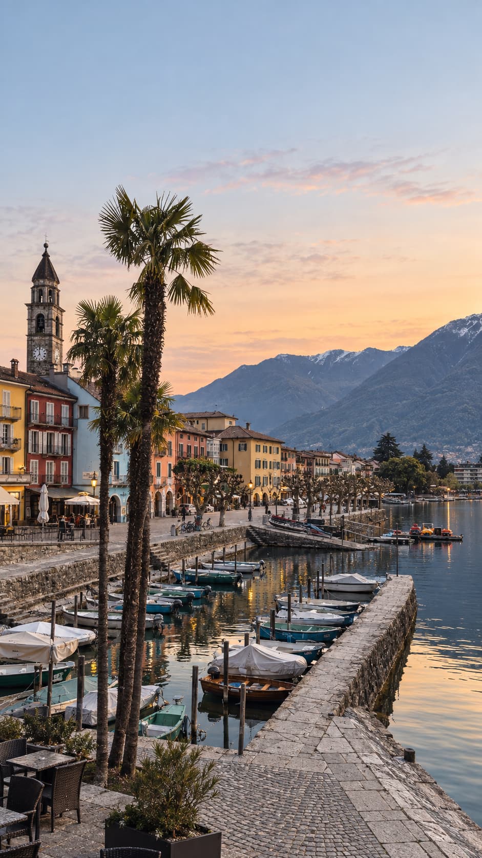 Ascona waterfront on Lake Maggiore at sunset with palm trees and coloured buildings, Ticino in autumn