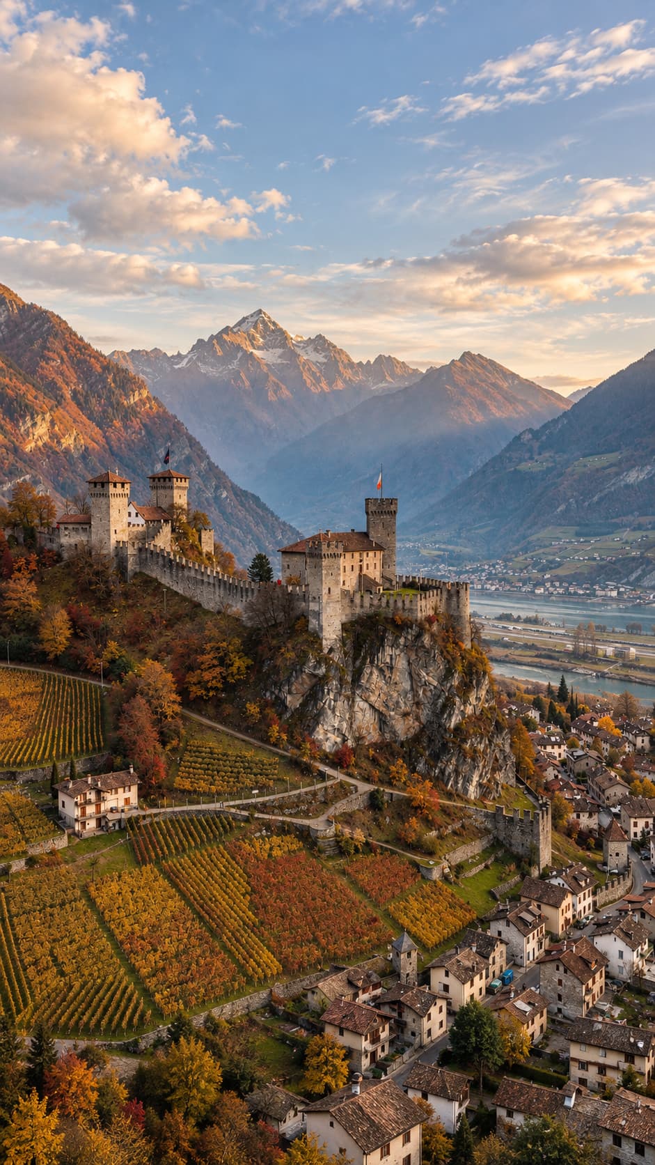 Aerial view of Bellinzona's UNESCO castles with autumn vineyards and the Alps, Ticino in autumn