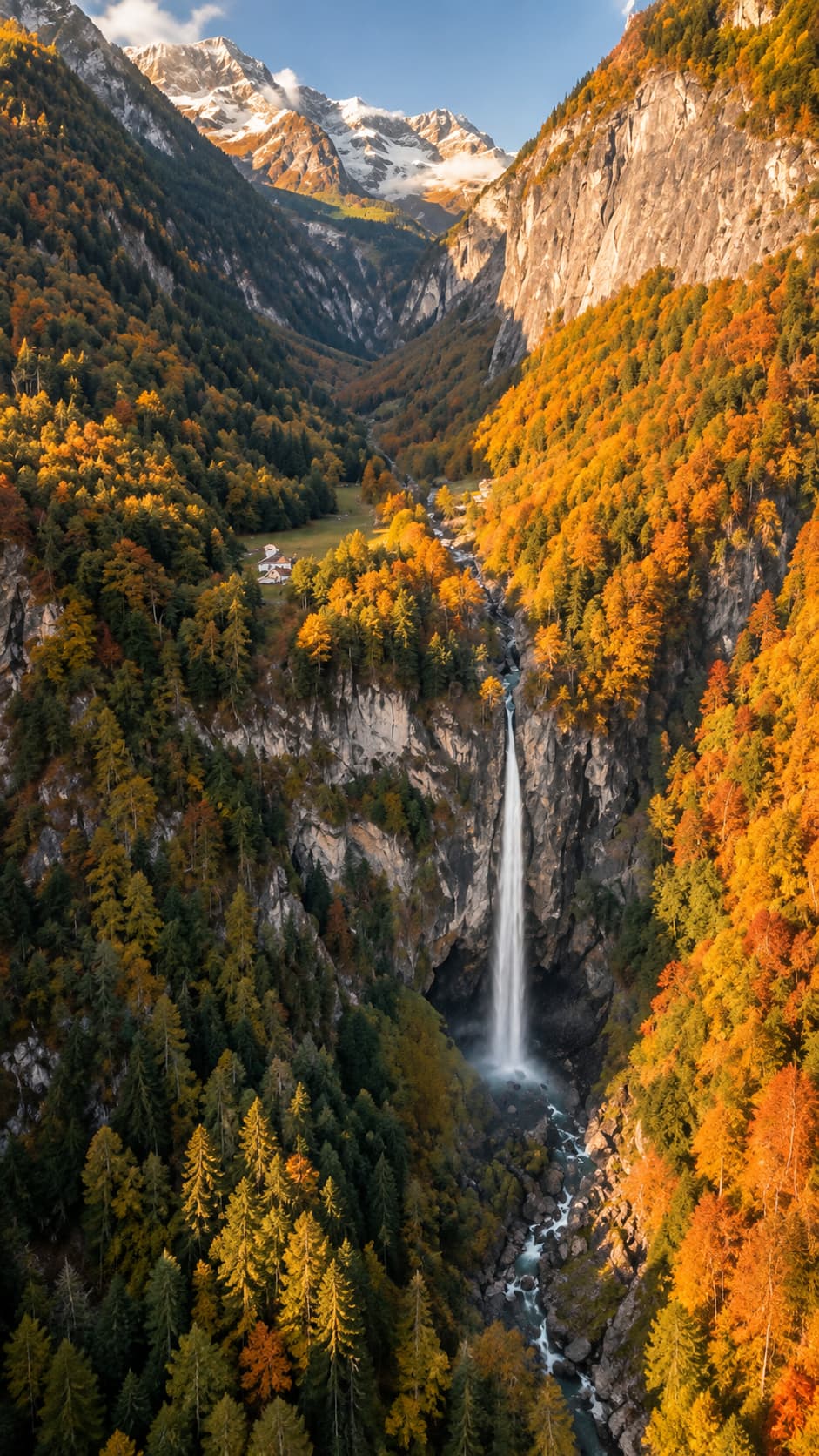 Aerial view of a waterfall dropping through the autumn-coloured forests of Valle Maggia with snowy Alpine peaks above