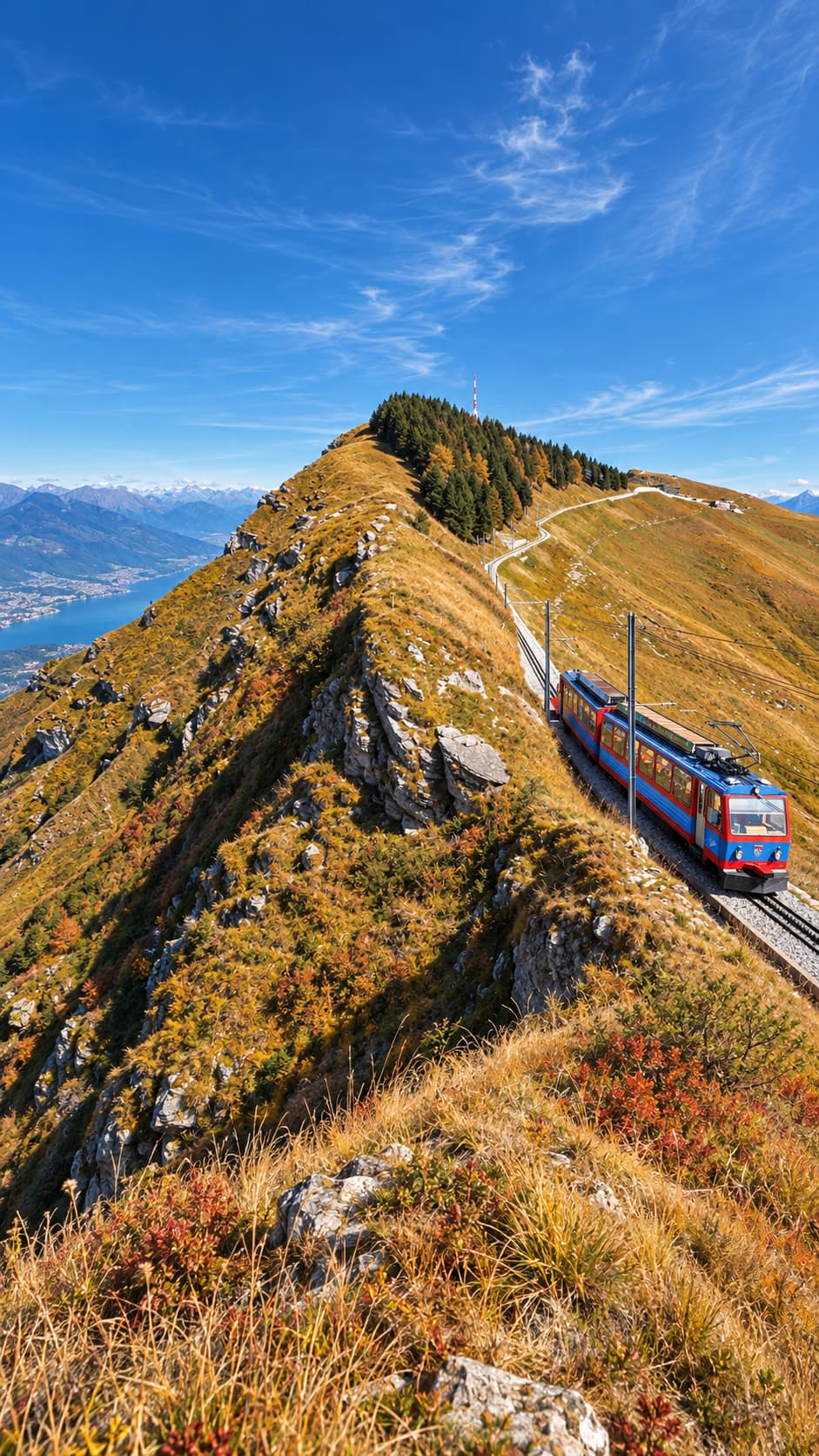 The Monte Generoso rack railway climbing the summit ridge in Ticino in autumn with Lake Maggiore below