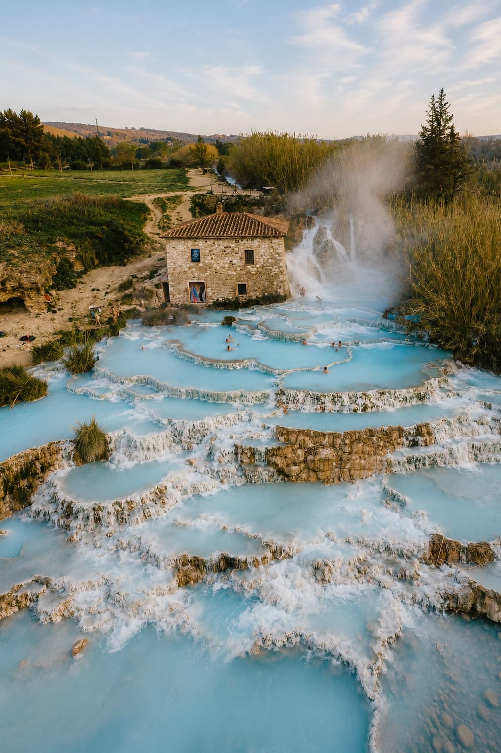 Turquoise thermal terraces at Saturnia's natural hot springs, a relaxing stop on a Tuscany road trip