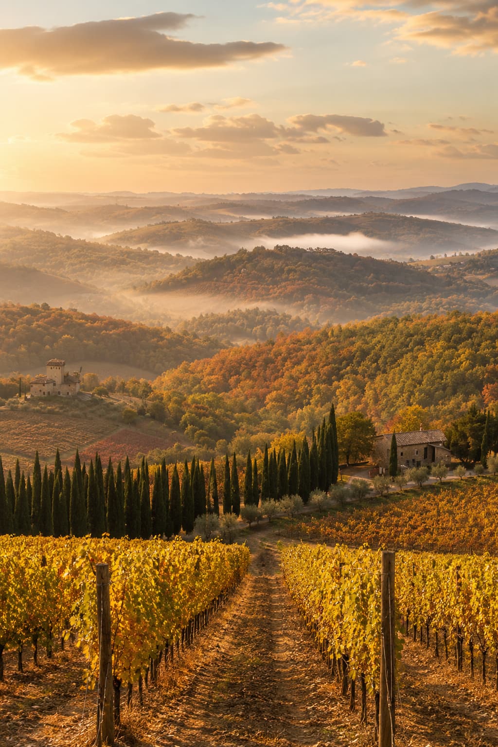 Golden vineyard rows in Chianti at sunrise with valley fog — Tuscany in autumn during the grape harvest