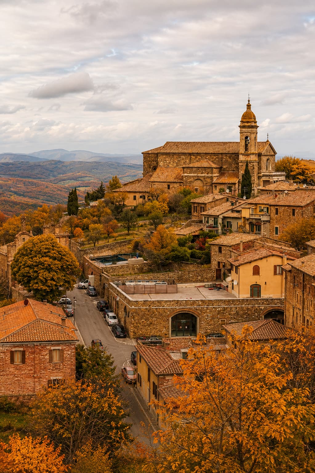 Montalcino's hilltop church and terracotta rooftops ringed by autumn-colored trees, Tuscany in autumn
