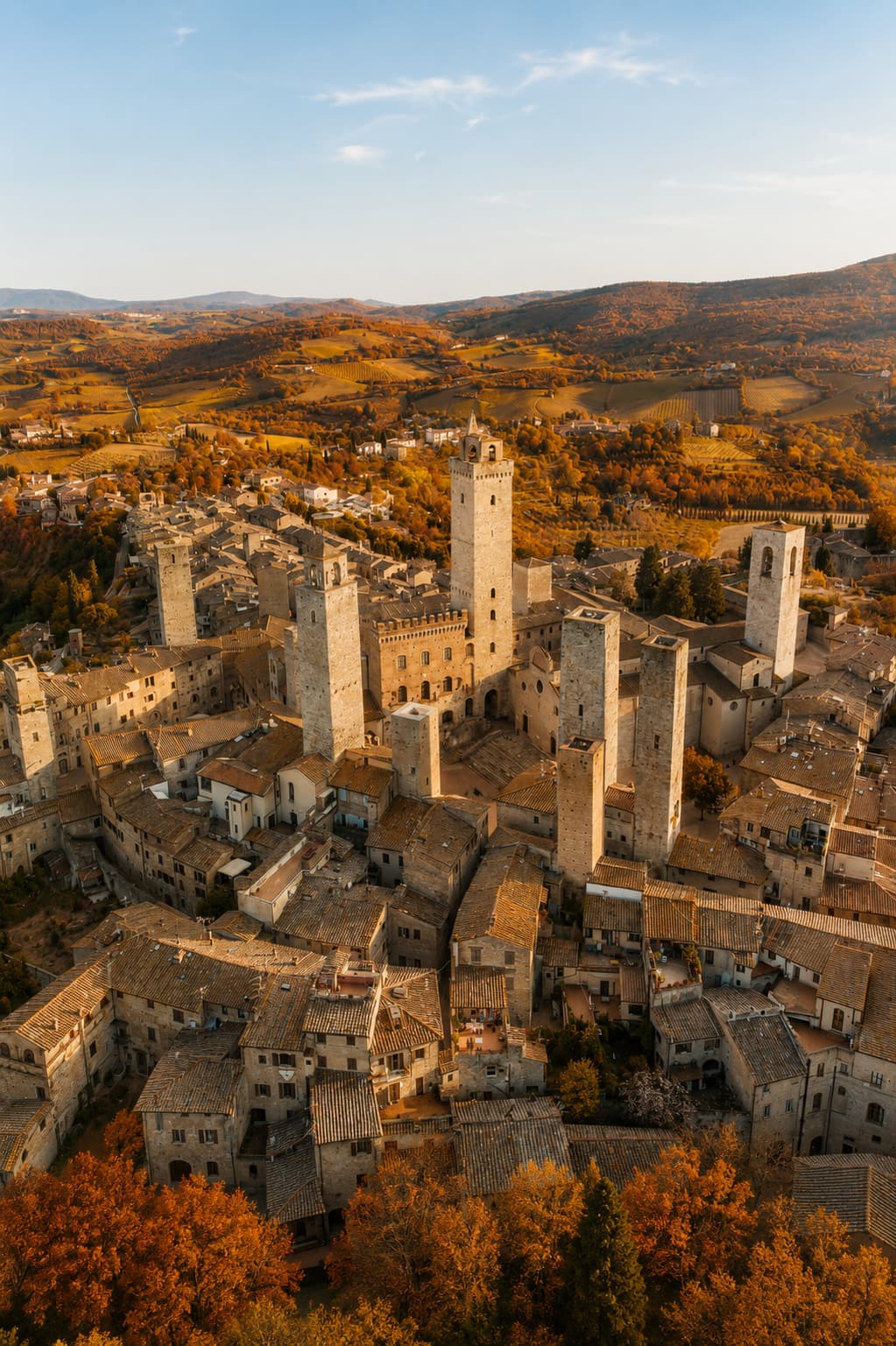 San Gimignano's medieval stone towers above the countryside, Tuscany in autumn