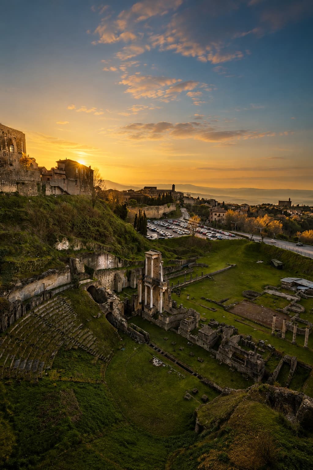 The Roman theatre ruins of Volterra at sunset — Tuscany in autumn light