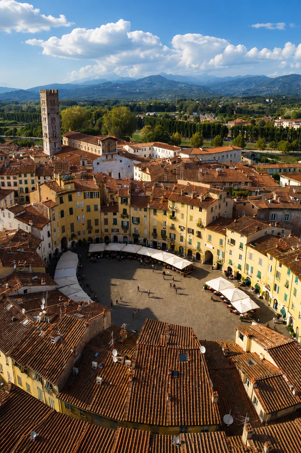 Lucca's oval Piazza dell'Anfiteatro seen from above, a good base for exploring Tuscany in the cooler months